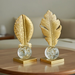 Modern gold leaf crystal ball ornaments with metal base for luxury home office decor