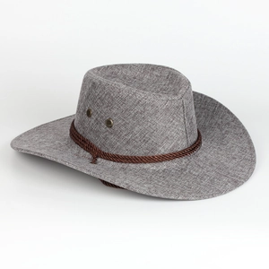 Cappello da cowboy in lino marrone con fascia intrecciata e fori per protezione solare
