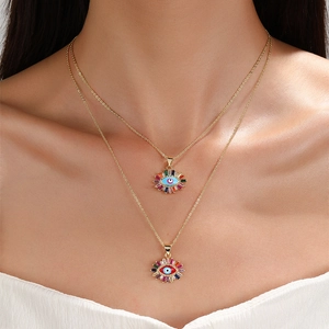Double-layered 18K gold plated necklace with colorful evil eye charms for women