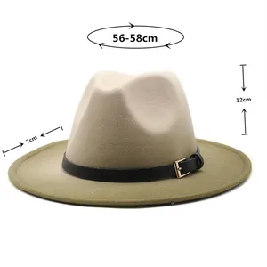 Size guide for ombre wool fedora hat showing brim width and head circumference