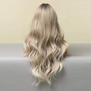 Rear view of long wavy wig with ombré blonde curls showing smooth gradient hair texture