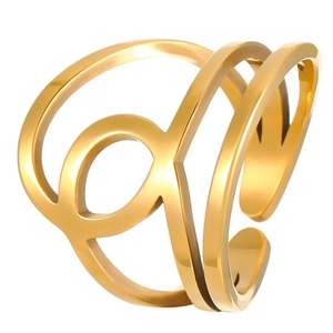 Detail of 18K gold plated stainless steel multi-layer ring with geometric pattern