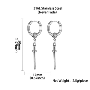 Vintage stainless steel sword drop earrings with detailed size dimensions for men