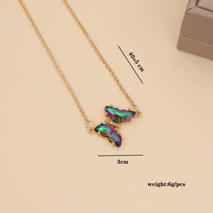 Detailed view of a 3cm colorful butterfly pendant necklace with 40+5cm gold chain specs