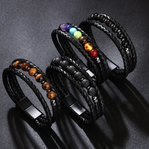 Men's multilayer braided leather bracelets featuring colorful natural stone beads and magnetic clasp
