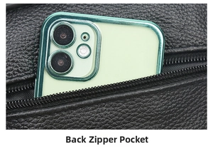 Detail of the back zipper pocket on a black leather crossbody bag with a smartphone inside