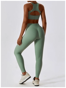Detail of sage green ribbed sports bra with hollow back design and high waist yoga leggings