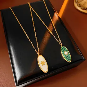 Vintage Oval Pendant Necklace Stainless Steel Malachite Mother Of Artificial Pearl Star Motif Gold Plated For Women