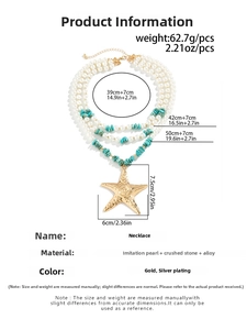 Detailed size specifications for triple-layer starfish necklace with pearls and turquoise