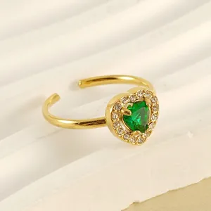 Elegant 18K gold heart-shaped green zircon open ring with micro-paved crystals
