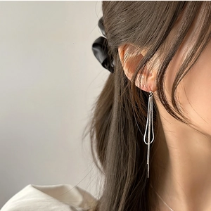 Minimalist long silver chain fringe earrings with geometric droplet loop for women