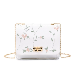 White embroidered small square bag with pink flowers, gold chain and clear PVC panel