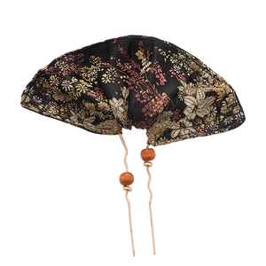 Handmade floral embroidery fabric hair stick with golden pins and wooden beads in oriental style