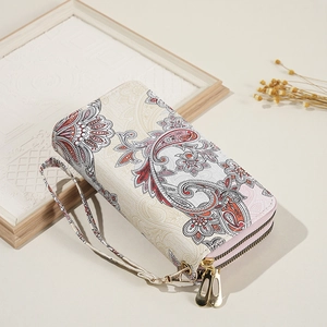 Vintage paisley pattern double zipper wallet with floral print and wrist strap