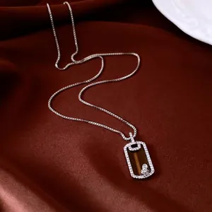 Collier À Pendentif Carré Cuivre Avec Plaque En Acétate Strass Géométrique Réglable Mode Rétro Chaîne Pull Femme