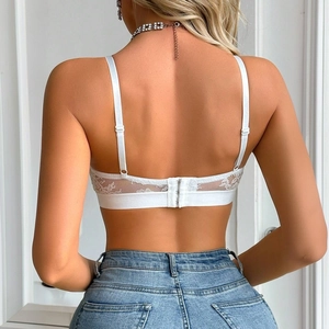 Sexy white lace sheer tube bra with adjustable thin straps and back buckle closure