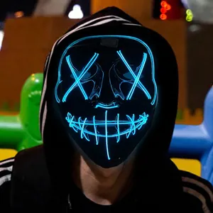 Blue LED Halloween mask with X-shaped glowing eyes and stitched mouth design
