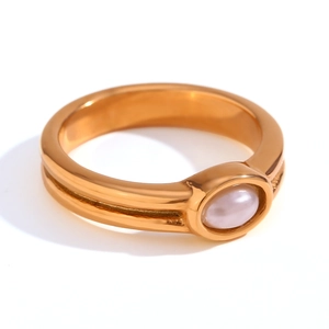 Golden stainless steel ring with an oval pearl gemstone in a minimalist setting