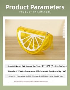 Detail view of lemon-shaped PVC cosmetic bag with yellow translucent texture and zipper
