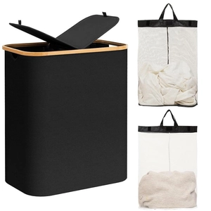Oxford cloth laundry hamper with bamboo frame and two mesh bags for home organization