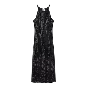 Sequin Halter Neck Maxi Dress Elegant Backless Sleeveless Split Party Evening Formal Gown Solid Black