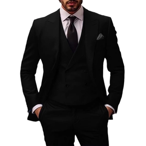 Classic black three-piece suit including blazer, vest, and trousers for men's formal wear