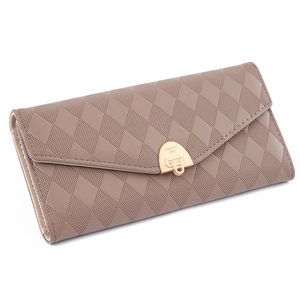 Women's long PU leather wallet with quilted pattern and gold magnetic buckle closure