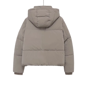 Taupe hooded puffer jacket for women with stand collar and quilted back design