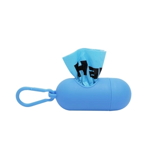 Blue capsule-shaped dog waste bag dispenser with hook and biodegradable trash bag detail