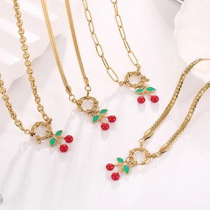 Sweet Stainless Steel Cherry Pendant Necklace For Women Gold Vacuum Plated Red Enamel Fruit Pendant Cute Fashion Jewelry