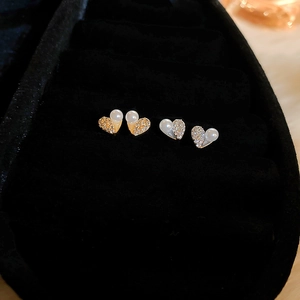 Heart Stud Earrings Zircon Imitation Artificial Pearl Copper With 925 Sterling Silver Earring Post Sweet Jewelry Women