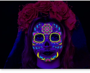 Glow-in-the-dark sugar skull face tattoo stickers with floral crown and neon makeup detail