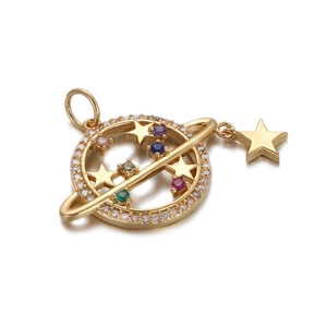 Minimalist gold plated planet necklace with colorful zircons and star charm on white background