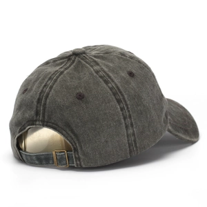 Faded charcoal grey cotton baseball cap with M embroidery and adjustable metal buckle
