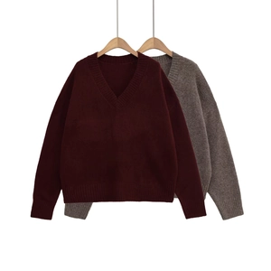 V-Neck Knit Sweater Loose Fit Long Sleeve Pullover Casual Soft Jumper For Women Fashion Top