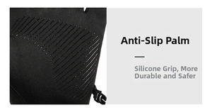 Detailed macro view of black winter cycling gloves showing silicone anti-slip palm texture