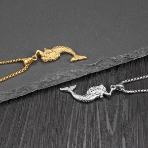 Hip hop mermaid pendant necklaces in gold and silver finish with stainless steel box chains