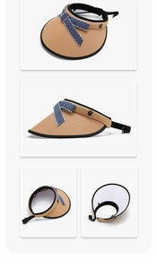 Detail view of khaki sun visor with blue bow and adjustable strap from multiple angles