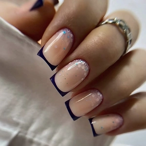 French Style Press On Nails Denim Blue Glitter Mid Long Square Shape Plastic False Nails For Women Elegant Minimalist