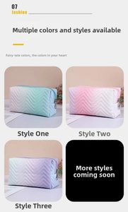 Detail of chevron quilted PU leather makeup bags with gradient blue and pink colors