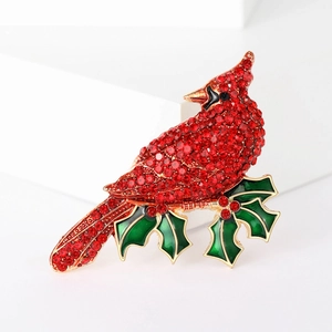Red Cardinal Bird Brooch Pin With Holly Branch Enamel Leaf Alloy Rhinestone Christmas Jewelry For Women Coat