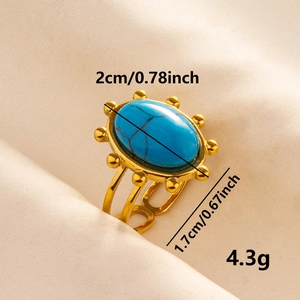 Adjustable 304 stainless steel ring with oval turquoise stone and gold beaded edge