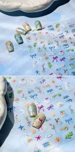 Detailed view of spring-themed nail stickers with iridescent floral and ribbon patterns