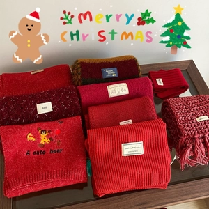 Sciarpa Donna Invernale Calda Spessa Rossa In Maglia Di Lana Muffole Con Ricamo Orso Nappe Regalo Natale Capodanno