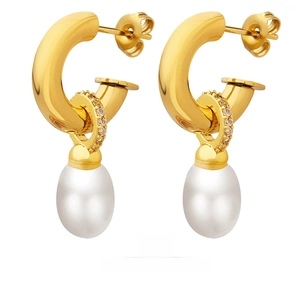 Baroque Imitation Artificial Pearl C Shaped Drop Earrings Titanium Steel Gold Plated Zircon Elegant Vintage Jewelry For Women