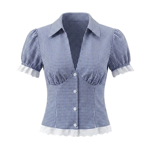 Women's blue and white checkered short sleeve V-neck shirt with delicate white lace trim