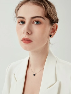Nahaufnahme von elegantem S925 Silber Halsketten und Ohrring Set mit schwarzen Herz Onyx