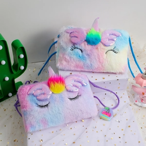 Rainbow unicorn plush crossbody bag for kids with sequin wings and embroidery