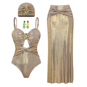 Shiny Metallic Swimsuit With Colorful Rhinestones Deep V Neck Ruched Monokini And Beach Skirt For Women