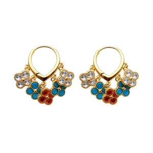 Vintage gold plated flower hoop earrings with colorful zircon stones and boho tassels